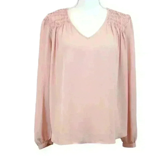 Violet + Claire Sheer Baby Pink Long Sleeve Blouse V-Neck w/ Ruching Size Medium - Picture 1 of 7